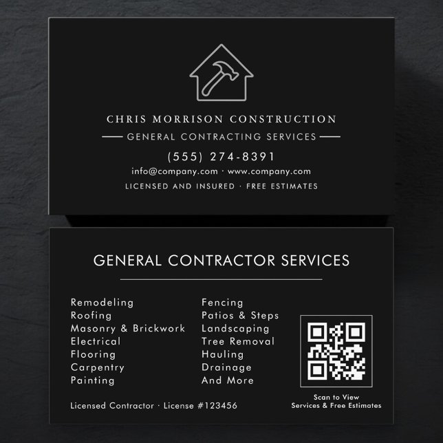 Carte De Visite Code QR de l'entrepreneur général Silver Black (Créateur téléchargé)