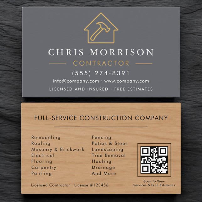 Carte De Visite Code QR de l'entrepreneur Grain de bois  (Créateur téléchargé)
