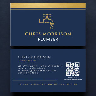 Carte De Visite Code QR de l'entreprise de plomberie Bleu Nuit Or