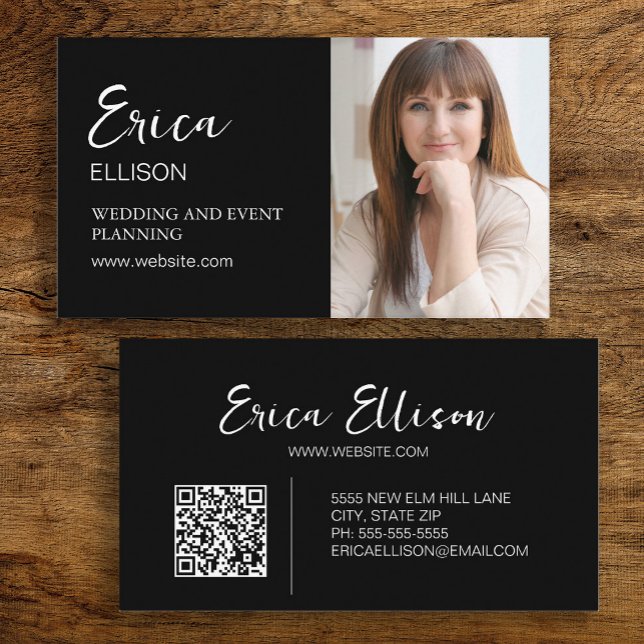 Carte De Visite Code QR de l'entreprise professionnelle moderne Ph (Black and white photo business card personalized with your QR code and other business information)