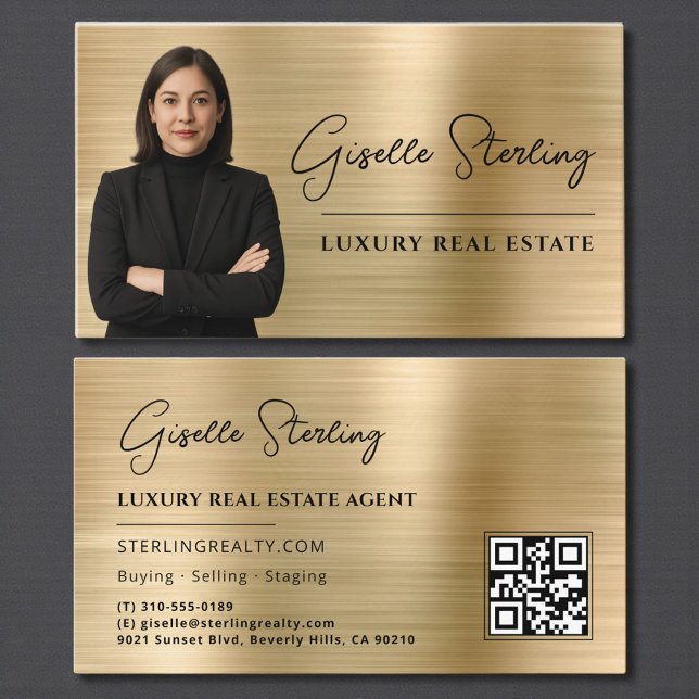 Carte De Visite Code QR de l'immobilier Photo Métal Doré Faux  (Créateur téléchargé)