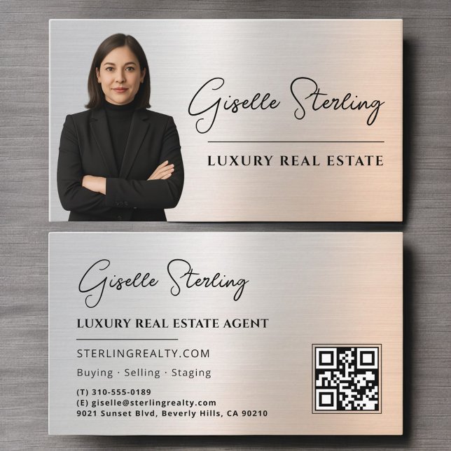 Carte De Visite Code QR de l'immobilier Photo Métallic Platine  (Créateur téléchargé)