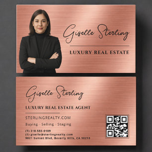Carte De Visite Code QR de l'immobilier Photo Rose Gold Métallisé