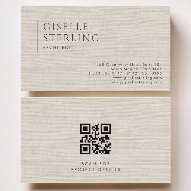 Carte De Visite Code QR de lin neutre de luxe pour architecte (Créateur téléchargé)