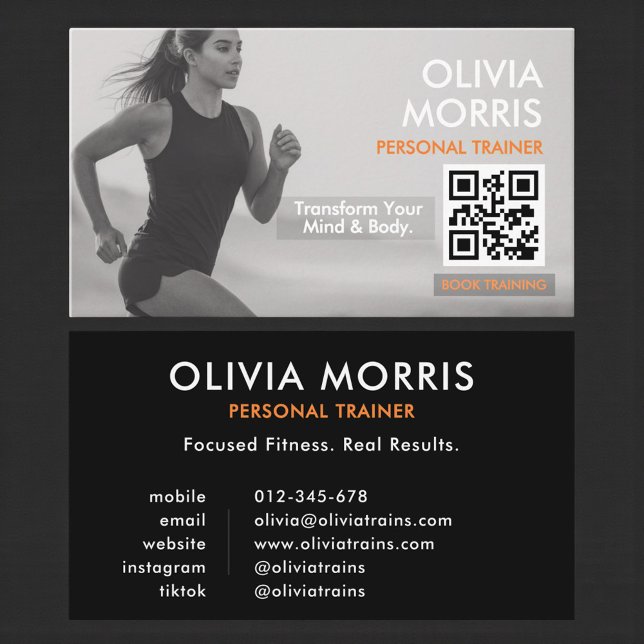 Carte De Visite Code QR de l'instructeur de fitness moderne minima (Créateur téléchargé)