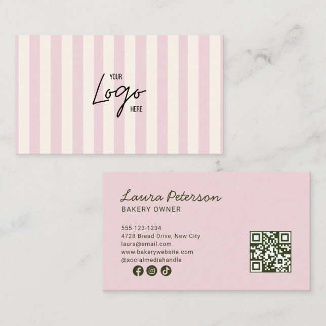Carte De Visite Code QR de logo de boulangerie rayures rose clair  (Devant / Derrière)