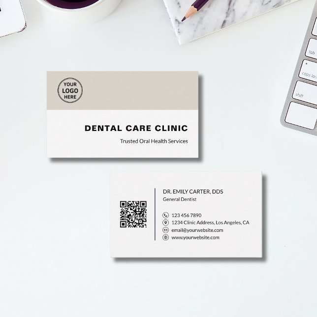 Carte De Visite Code QR de logo de clinique dentaire professionnel (Dental Clinic Dentist Professional Logo QR Code Business Card)