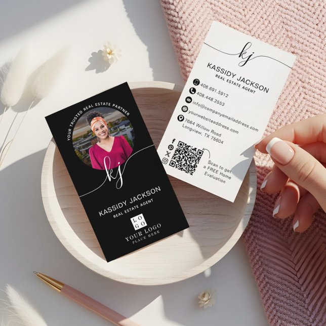 Carte De Visite Code QR de logo de photo de biens immobiliers Mono (Script Monogram Circle Business Photo Logo QR Code Business Card)