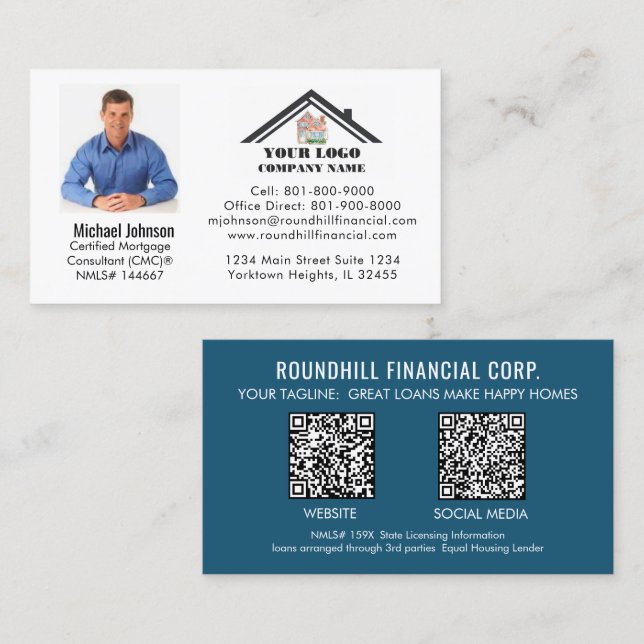 Carte De Visite Code QR de logo de photo de prêt professionnel  (Devant / Derrière)