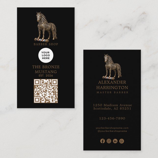 Carte De Visite Code QR de logo de salon de coiffure Mustang Bronz (Devant / Derrière)