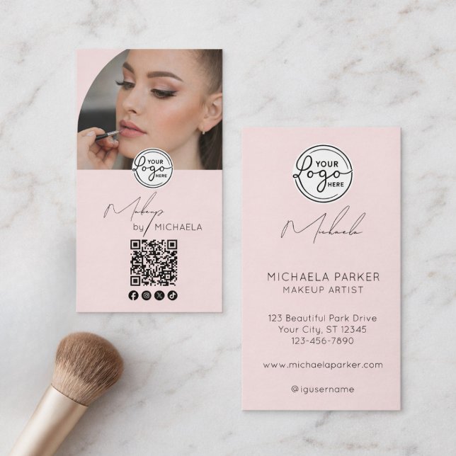 Carte De Visite Code QR de logo de script rose moderne pour la pho (Créateur téléchargé)