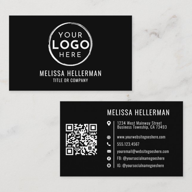 Carte De Visite Code QR de logo de société noir simple professionn (Devant / Derrière)