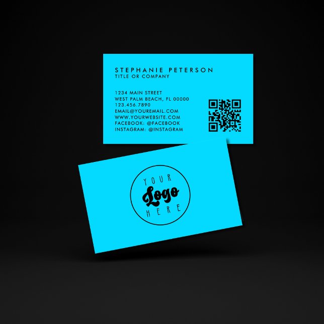 Carte De Visite Code QR de logo de société personnalisé bleu néon  (Créateur téléchargé)