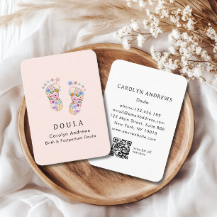 Carte De Visite Code QR de logo d'empreinte de pied de bébé fleur 