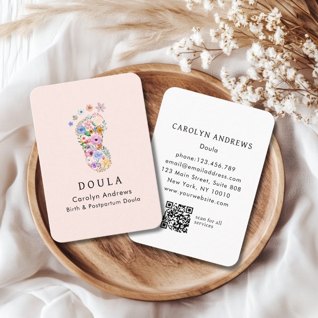 Carte De Visite Code QR de logo d'empreinte de pied de bébé fleur  (Colorful Flower Baby Footprint Logo QR Code Blush-Pink Business Card)