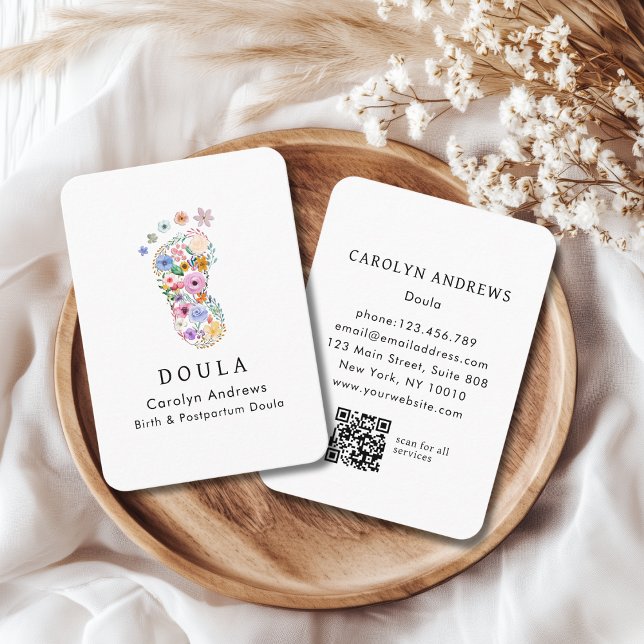 Carte De Visite Code QR de logo d'empreinte de pied de bébé fleuri (Colorful Flower Baby Footprint Logo QR Code White Business Card)