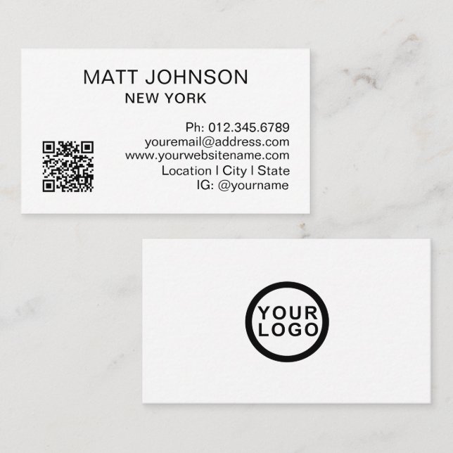 Carte De Visite Code QR de logo d'entreprise Moderne Blanc Entrepr (Devant / Derrière)