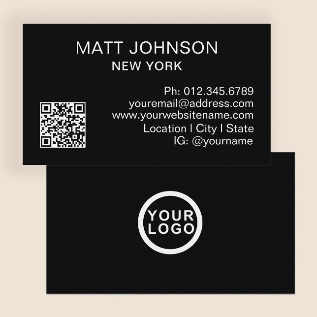 Carte De Visite Code QR de logo d'entreprise Moderne Noir Entrepri (Stylishly Personalize with Your Custom, Name, Logo, QR Code & Contact Information.)
