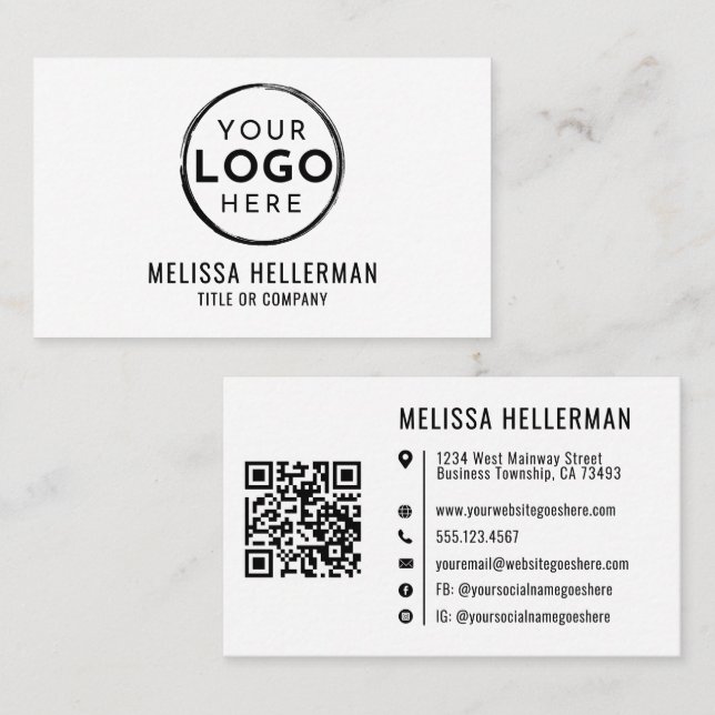 Carte De Visite Code QR de logo d'entreprise simple et blanc profe (Devant / Derrière)