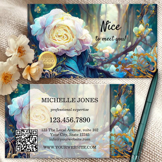 Carte De Visite Code QR de logo floral artistique (Créateur téléchargé)