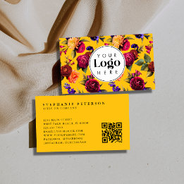 Carte De Visite Code QR de logo personnalisé floral jaune gras mod
