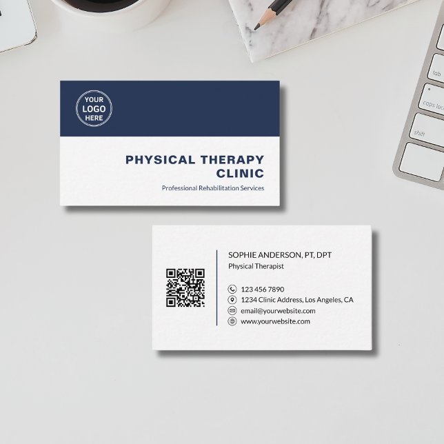 Carte De Visite Code QR de logo personnalisé pour clinique de phys (Physical Therapy Clinic Custom Logo QR Code Business Card)