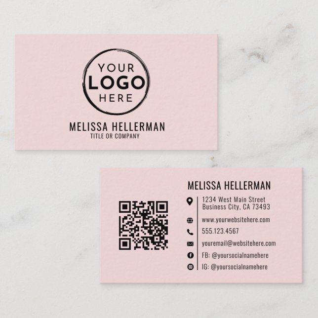 Carte De Visite Code QR de logo professionnel rose blush (Devant / Derrière)