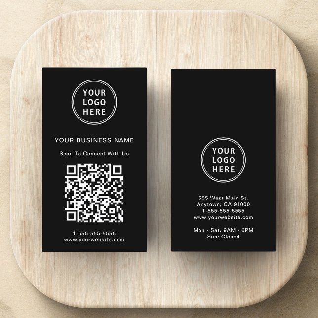 Carte De Visite Code QR de Logo Promotionnel Moderne Noir (Modern logo and QR code professional black business card)