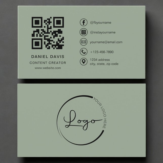 Carte De Visite Code QR de logo vert sauge créateur de contenu  (Créateur téléchargé)