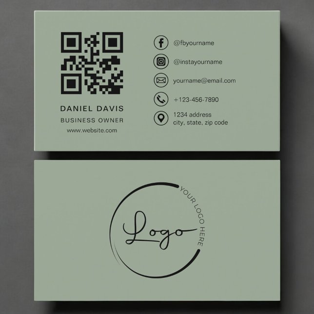 Carte De Visite Code QR de logo vert sauge pour propriétaire d'ent (Créateur téléchargé)