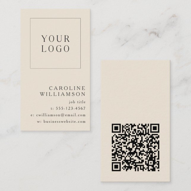 Carte De Visite Code QR de logo vertical minimal moderne ivoire no (Devant / Derrière)