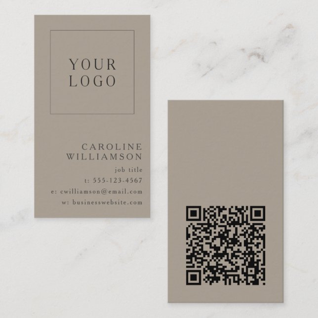 Carte De Visite Code QR de logo vertical minimal moderne taupe mar (Devant / Derrière)