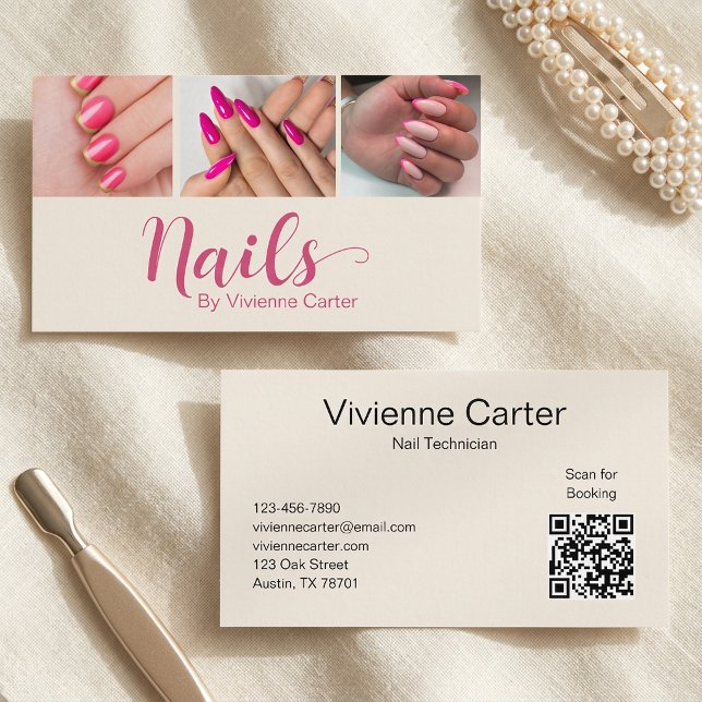 Carte De Visite Code QR de l'ongle de photo de script rose crème m (Modern Cream Pink Script 3 Photo Nail QR Code Business Card)
