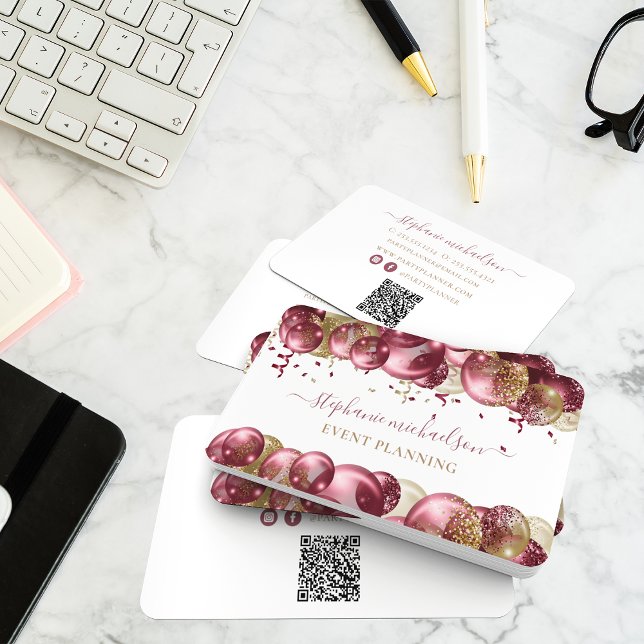 Carte De Visite Code QR de l'organisateur du parti Burgundy Gold B (Party Planner Burgundy Gold Balloon QR Code Business Card)