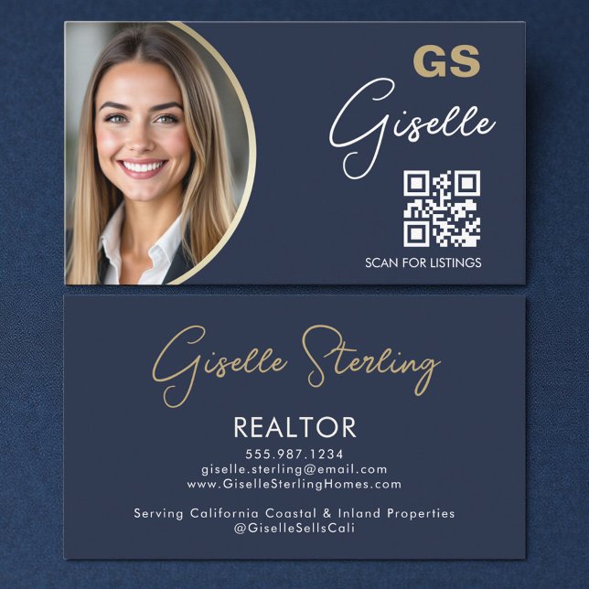 Carte De Visite Code QR de luxe bleu marine pour agent immobilier  (Créateur téléchargé)