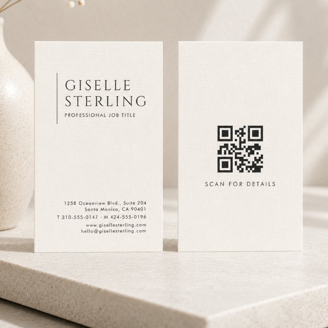 Carte De Visite Code QR de luxe en lin ivoire naturel (Créateur téléchargé)