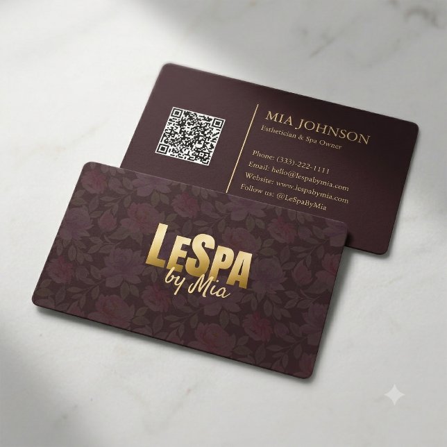 Carte De Visite Code QR de Luxe Fleur Spa Bourgogne Or (Créateur téléchargé)