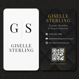 Carte De Visite Code QR de luxe matelassé Monogramme noir blanc or