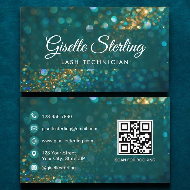 Carte De Visite Code QR de Luxe Turquoise Parties scintillant or L (Créateur téléchargé)