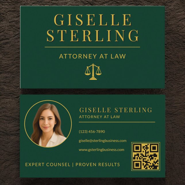 Carte De Visite Code QR de luxe vert émeraude et or pour avocat (Créateur téléchargé)