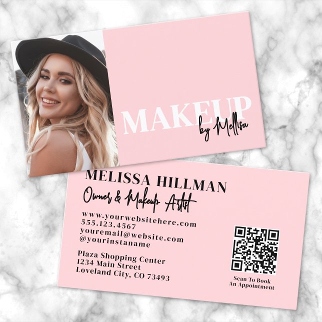 Carte De Visite Code QR de maquillage photo de script rose poudré (Blush Pink Script Logo Makeup Name Tag)