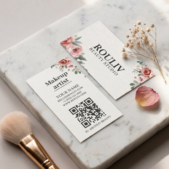 Carte De Visite Code QR de maquilleuse à l'aquarelle florale  (Floral Watercolor Makeup Artist QR Code Business Card
)