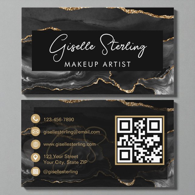 Carte De Visite Code QR de maquilleuse Black Gold  (Créateur téléchargé)