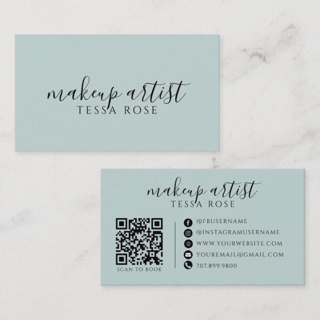 Carte De Visite Code QR de maquilleuse Dusty Blue Green (Devant / Derrière)