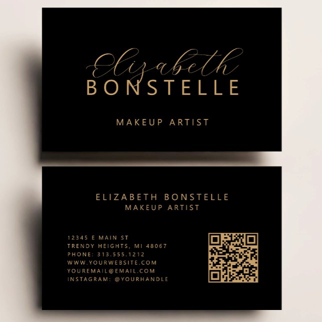 Carte De Visite Code QR de maquilleuse élégant noir or (Créateur téléchargé)