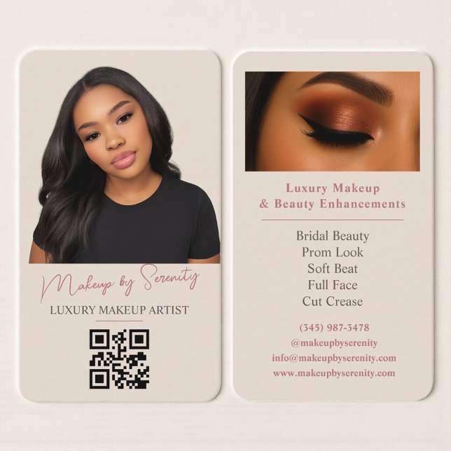 Carte De Visite Code QR de maquilleuse Luxe Neutre Beige Beauté (Créateur téléchargé)