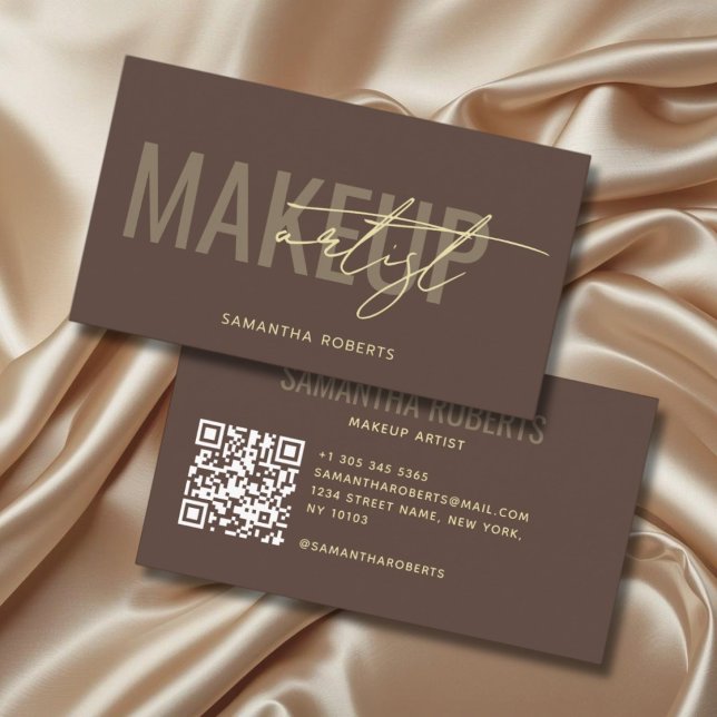 Carte De Visite Code QR de maquilleuse moderne marron (Créateur téléchargé)