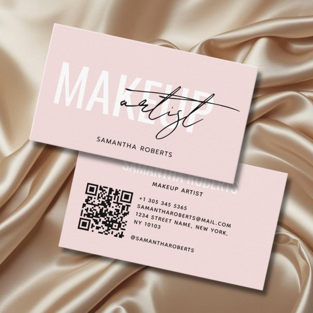 Carte De Visite Code QR de maquilleuse moderne rose poudré (Créateur téléchargé)