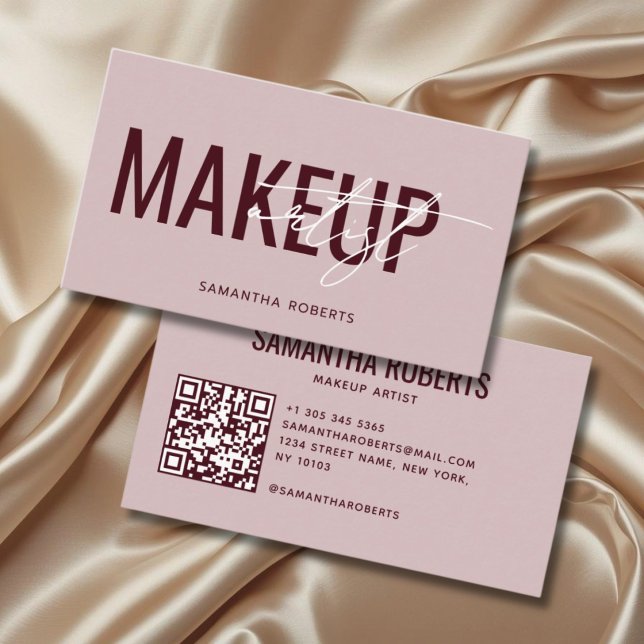 Carte De Visite Code QR de maquilleuse moderne rose rouge (Créateur téléchargé)