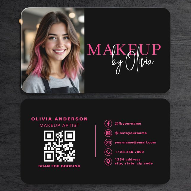 Carte De Visite Code QR de maquilleuse Photo Rose Chaud (Créateur téléchargé)